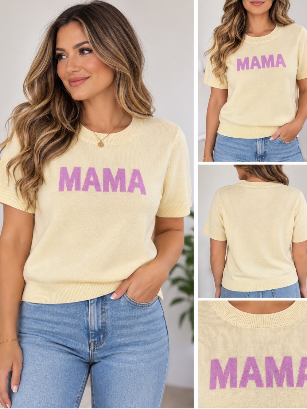 MAMA Short Sleeve Knit Tee - yellow with Pink Logo